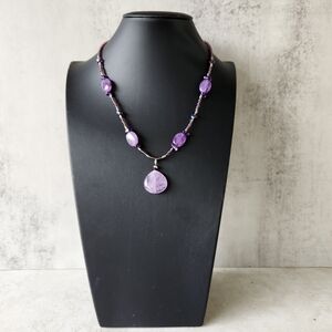 Amethyst Artisan Handmade Gemstone Pendant Glass Seed Bead Station Necklace